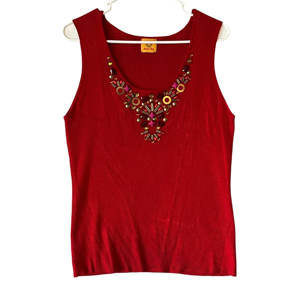 Ruby Rd. Women's Red Knit Tank Top Beaded Embellished Ribbed *no Size‎